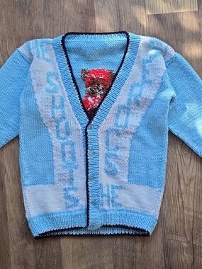 Hockey Hand Knit Cardigan Sweater He Shoots He Scores Youth M